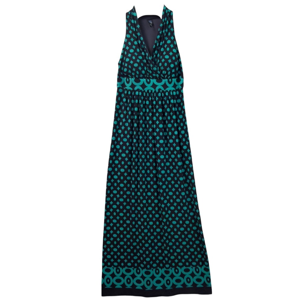Saint Tropez West Womens Size 8 Teal Black Geometric Polka Dot Halter Maxi Dress - Picture 3 of 11